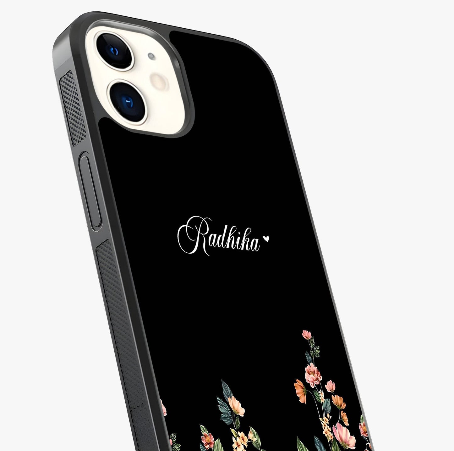 Floral Design With A Custom Personalized Name Glass Case captured at a warm angle highlighting gloss, texture and premium glass finish.