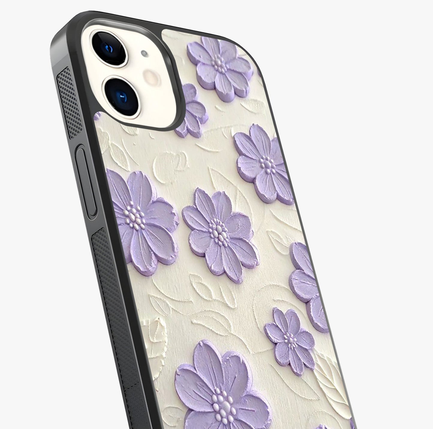 Floral Wall Art With Purple Flowers Glass Case captured at a warm angle highlighting gloss, texture and premium glass finish.