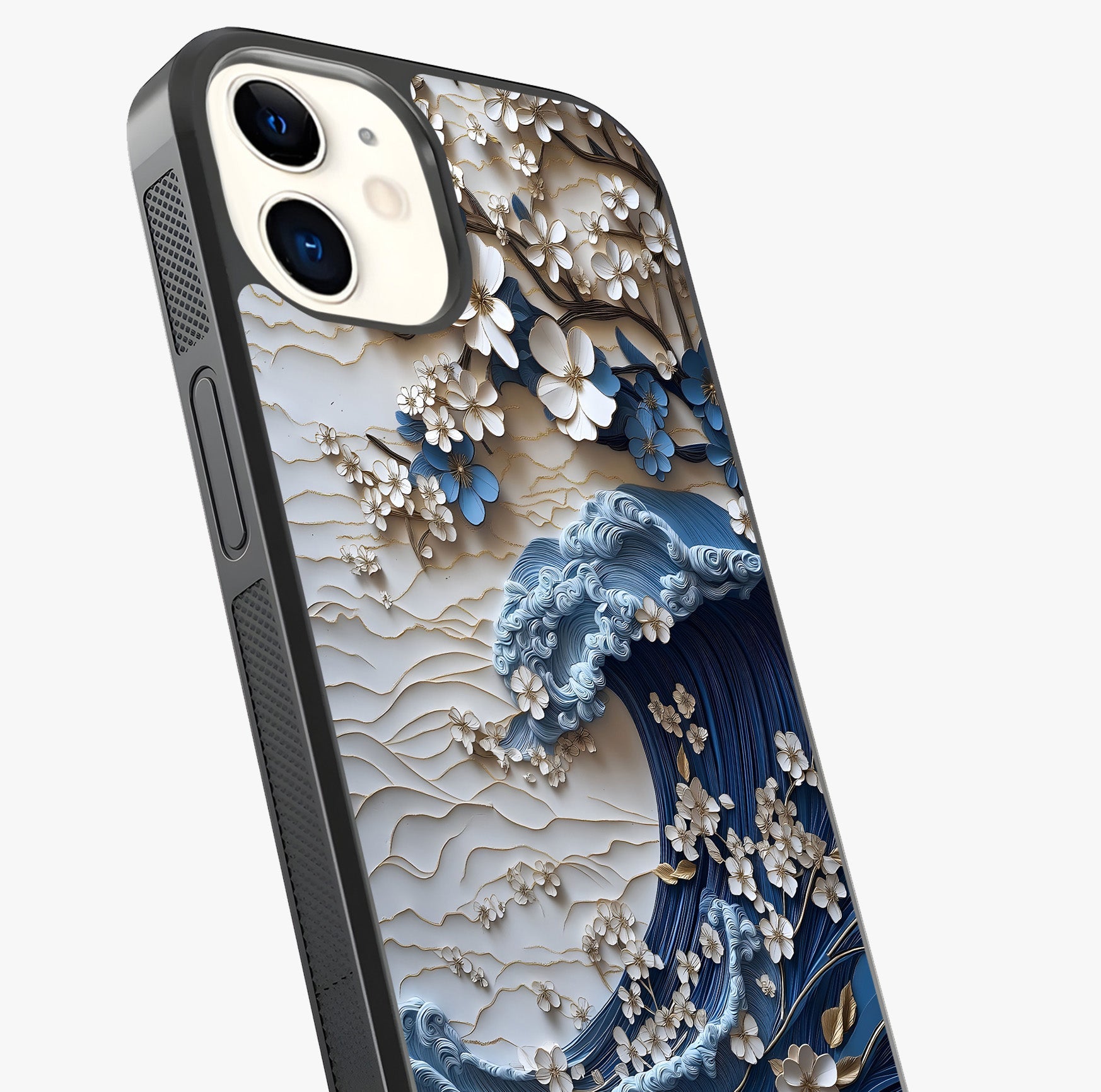 Floral Wave Origami Glass Case captured at a warm angle highlighting gloss, texture and premium glass finish.