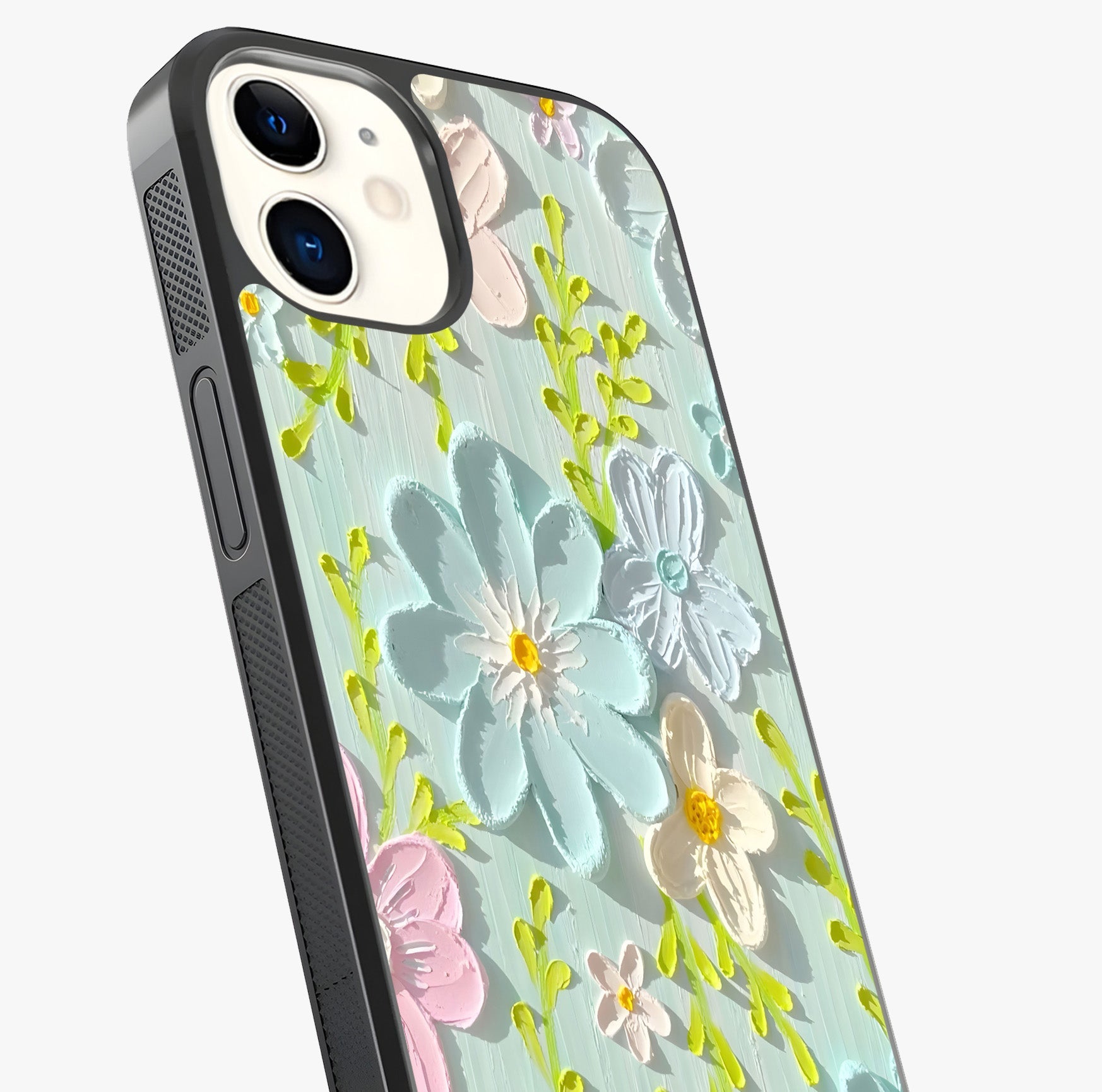 Frosted Petal Garden Glass Case captured at a warm angle highlighting gloss, texture and premium glass finish.