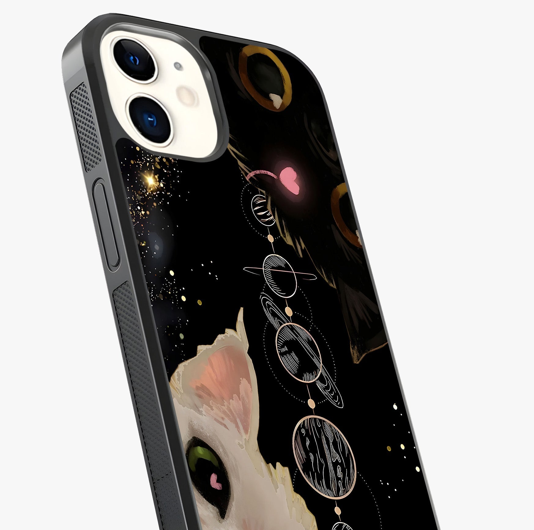 Galactic Cat Glass Case captured at a warm angle highlighting gloss, texture and premium glass finish.