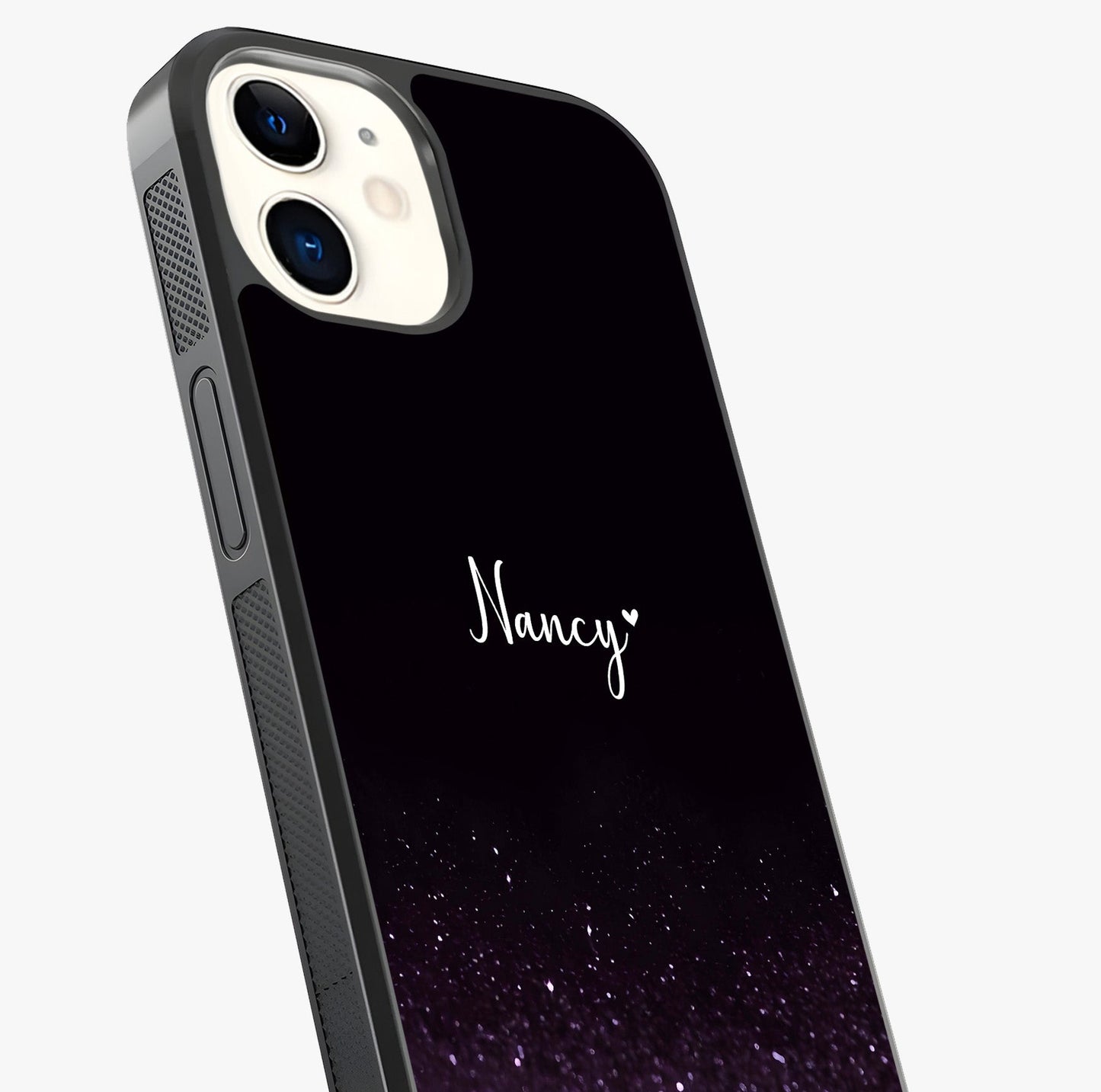 Glittery Purple Bokeh Custom Name Glass Case captured at a warm angle highlighting gloss, texture and premium glass finish.
