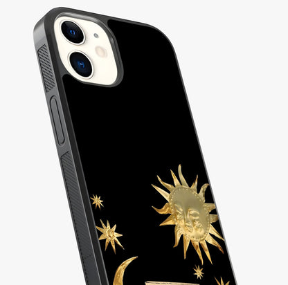 Golden Celestial Charm Glass Case captured at a warm angle highlighting gloss, texture and premium glass finish.