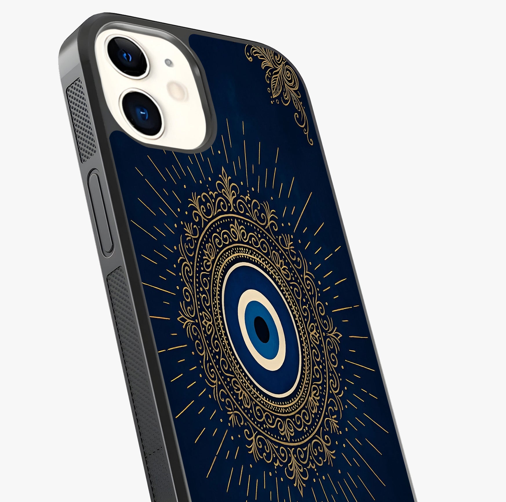 Golden Evil Eye Mandala Glass Case captured at a warm angle highlighting gloss, texture and premium glass finish.