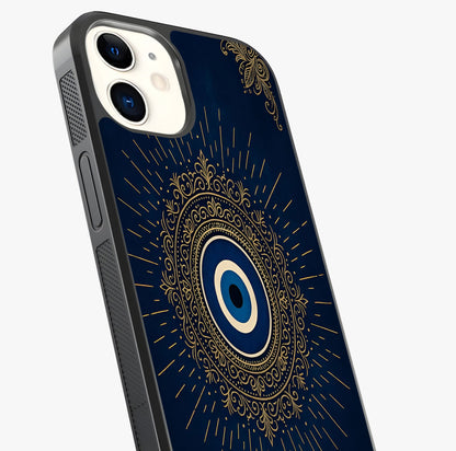 Golden Evil Eye Mandala Glass Case captured at a warm angle highlighting gloss, texture and premium glass finish.
