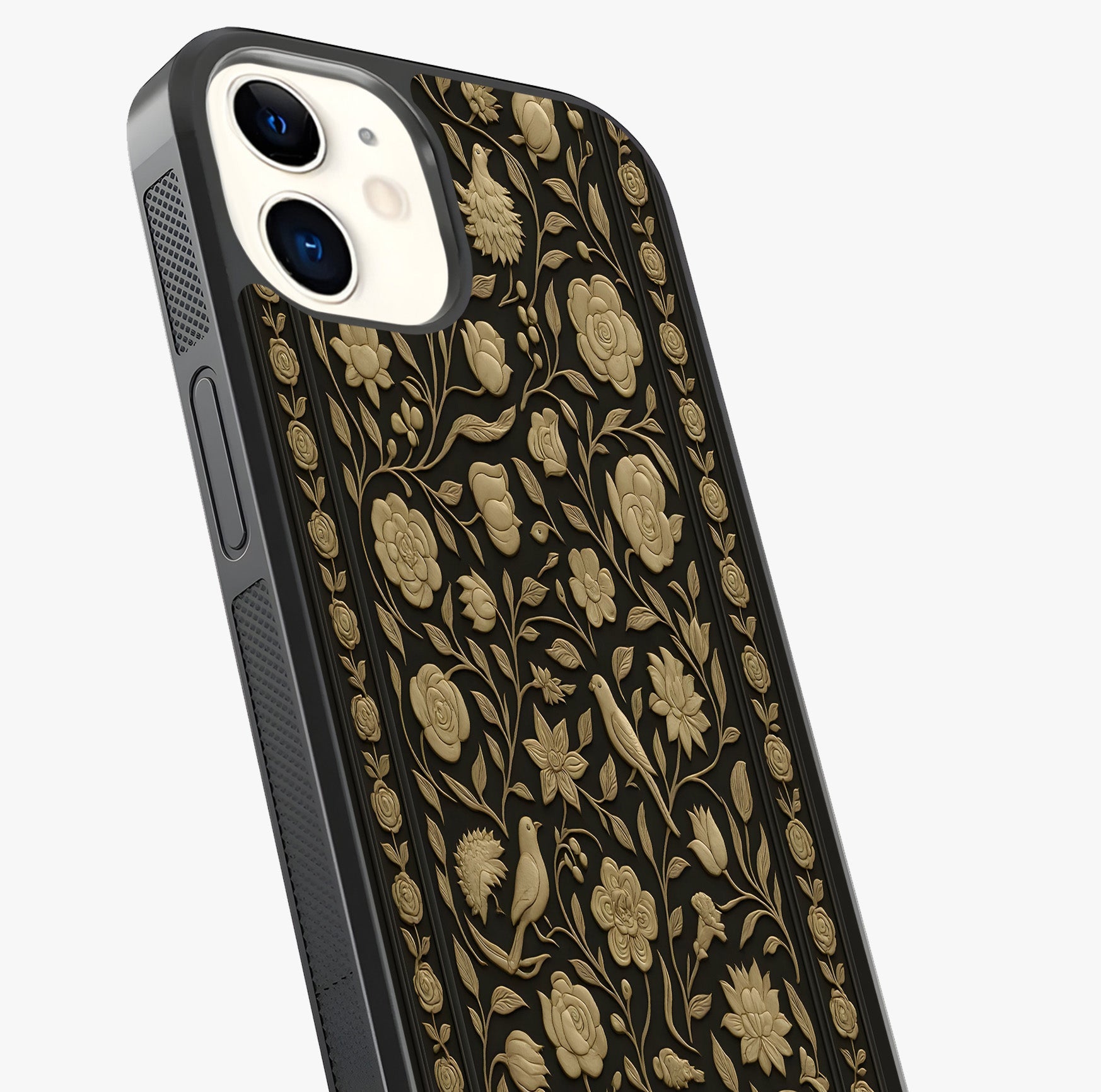 Golden Floral Majesty Glass Case captured at a warm angle highlighting gloss, texture and premium glass finish.