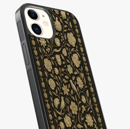 Golden Floral Majesty Glass Case captured at a warm angle highlighting gloss, texture and premium glass finish.