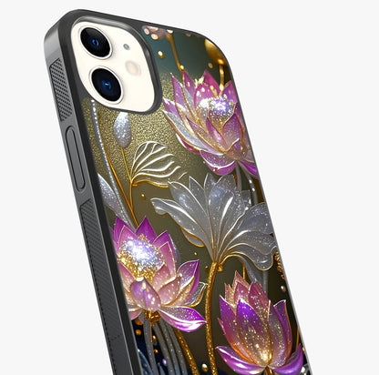 Golden Lotus Glow Glass Case captured at a warm angle highlighting gloss, texture and premium glass finish.