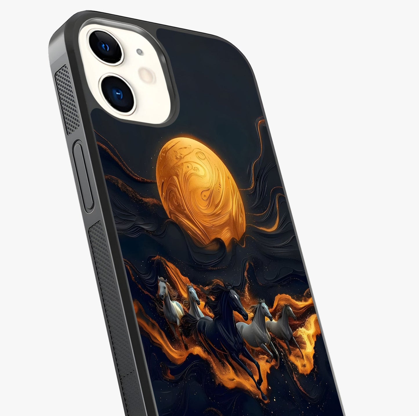 Golden Stallion Moonride Glass Case captured at a warm angle highlighting gloss, texture and premium glass finish.