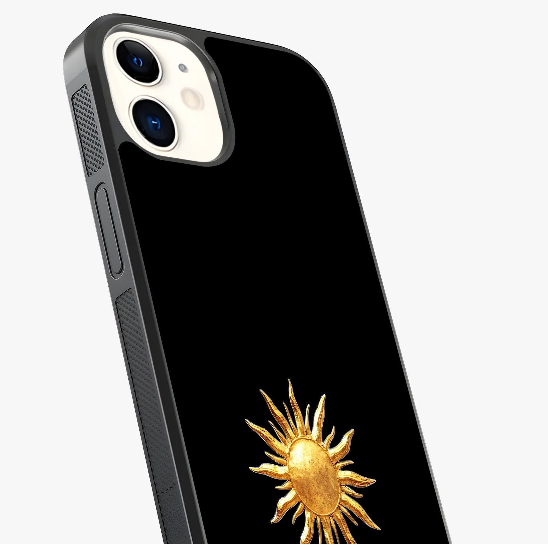 Golden Sun Minimalism Glass Case captured at a warm angle highlighting gloss, texture and premium glass finish.