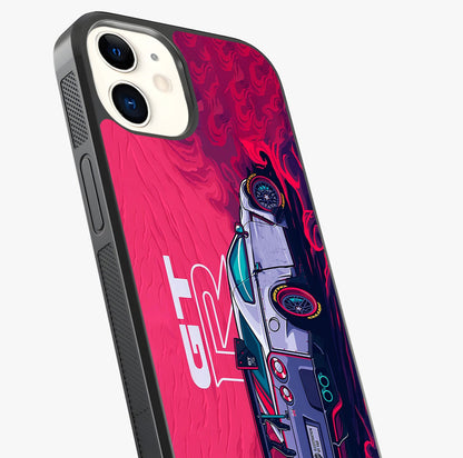 GT R Car Pattern Glass Case captured at a warm angle highlighting gloss, texture and premium glass finish.