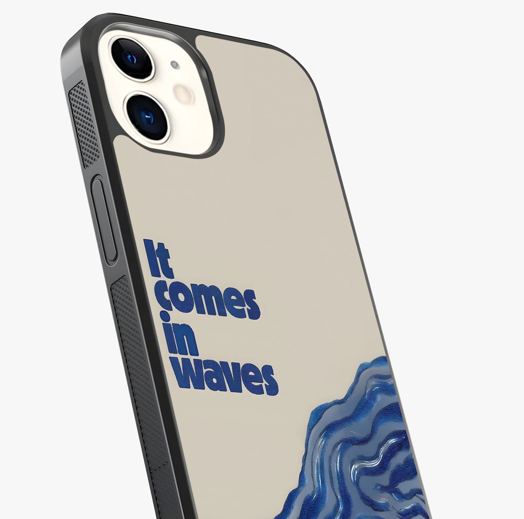 It Comes In Waves Quote Glass Case captured at a warm angle highlighting gloss, texture and premium glass finish.