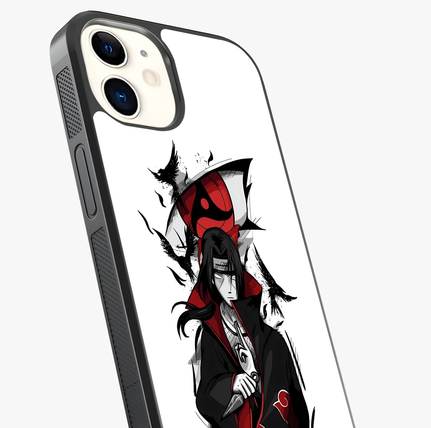 Itachi Sharingan Glass Case captured at a warm angle highlighting gloss, texture and premium glass finish.