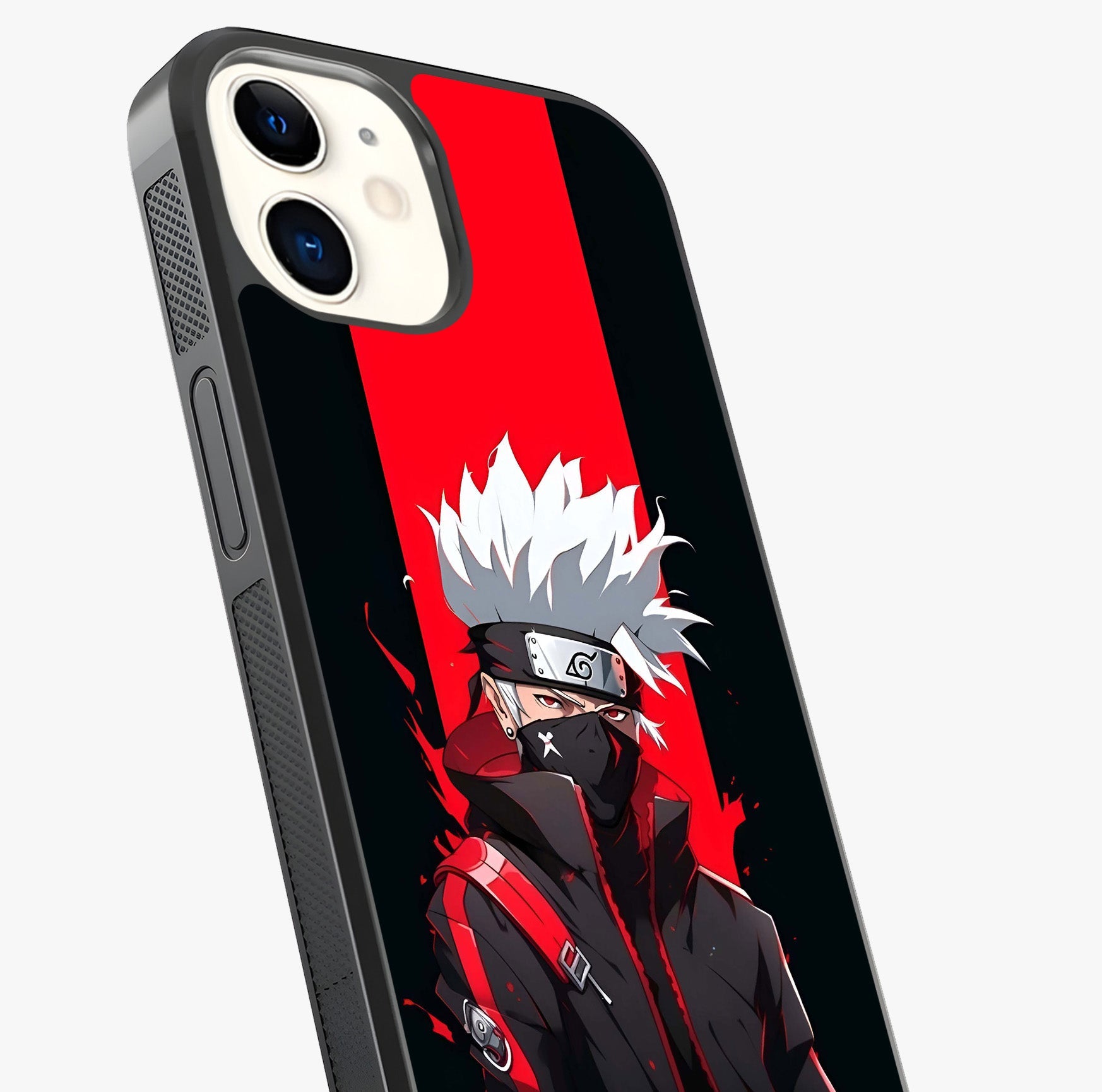 Kakashi Scarlet Shadow Glass Case captured at a warm angle highlighting gloss, texture and premium glass finish.