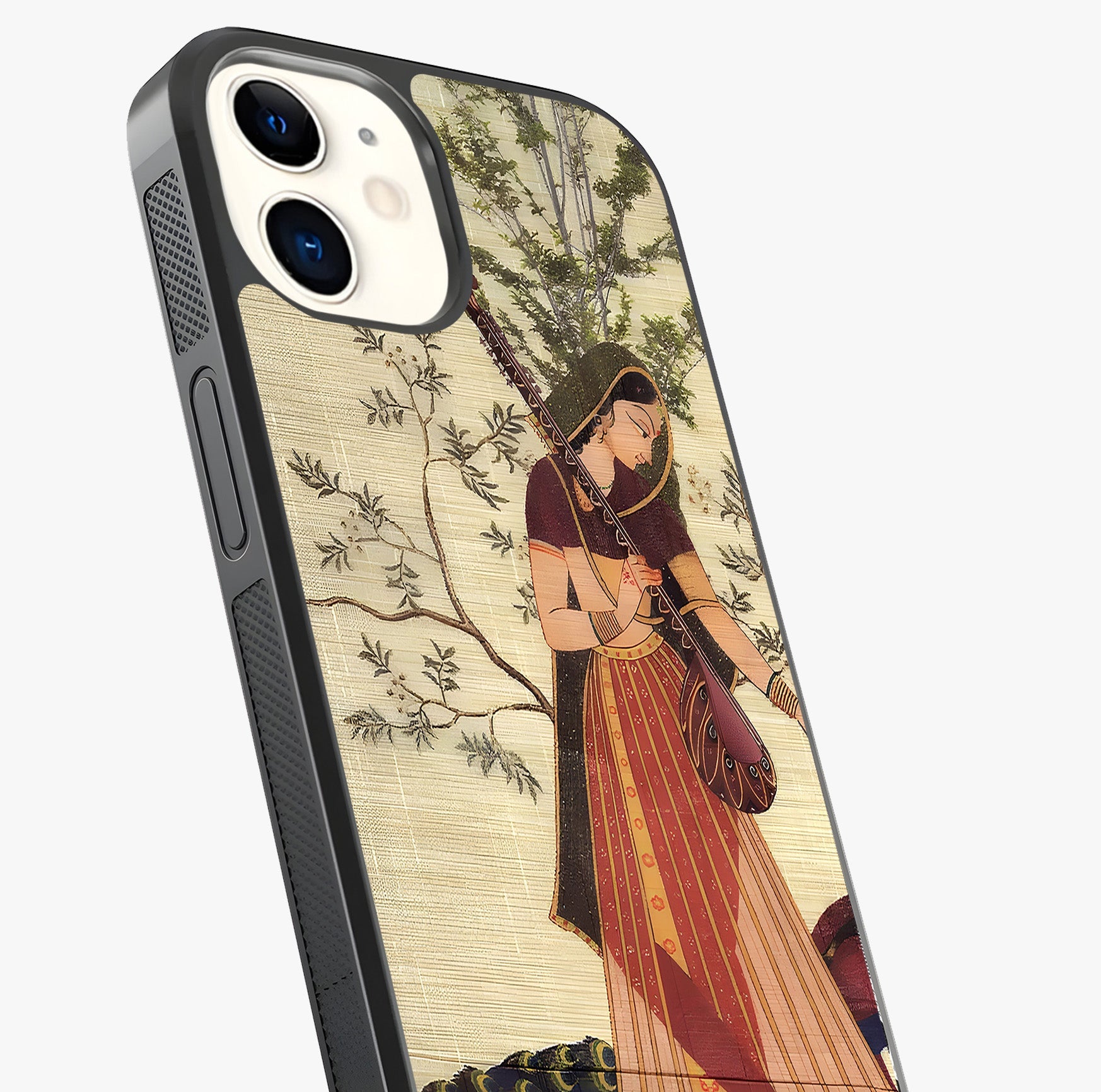 Lady With Veena Art Glass Case captured at a warm angle highlighting gloss, texture and premium glass finish.