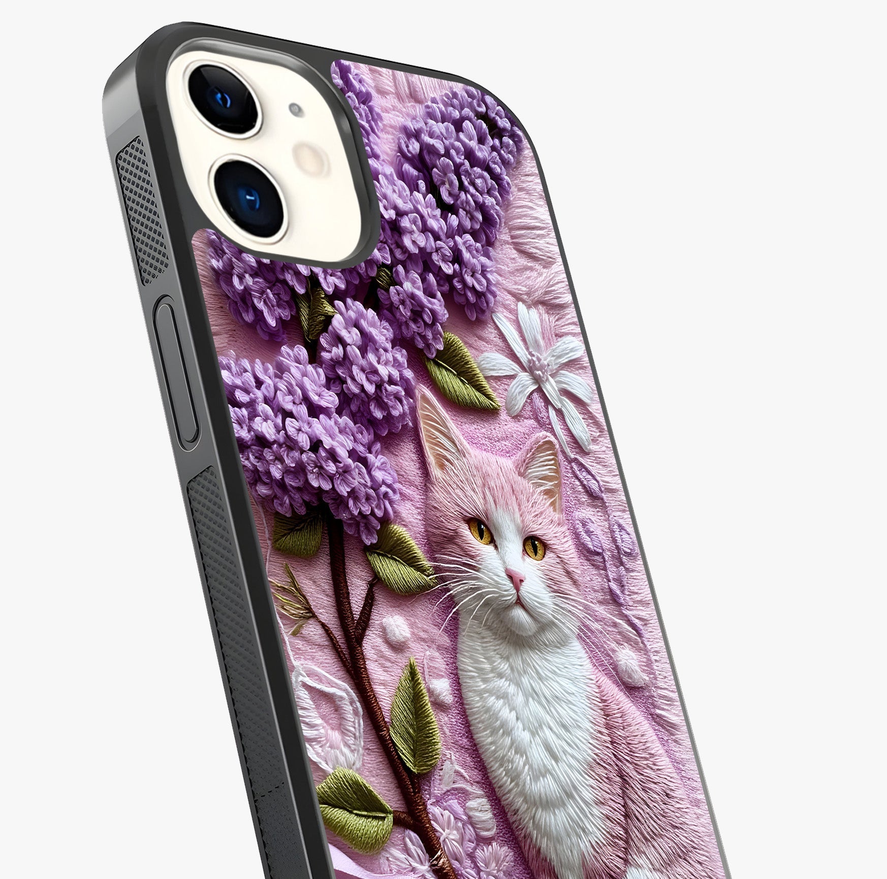Lavender Cat Whimsy Glass Case captured at a warm angle highlighting gloss, texture and premium glass finish.