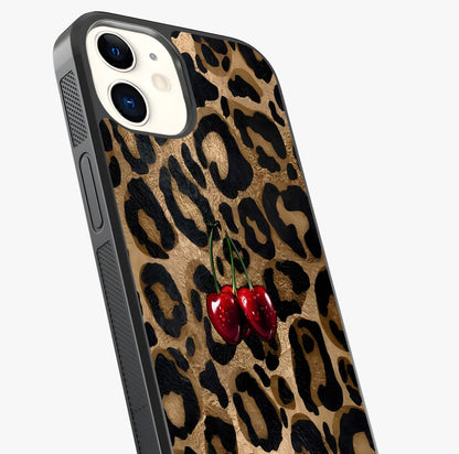 Leopard Wild Cherry Glass Case captured at a warm angle highlighting gloss, texture and premium glass finish.
