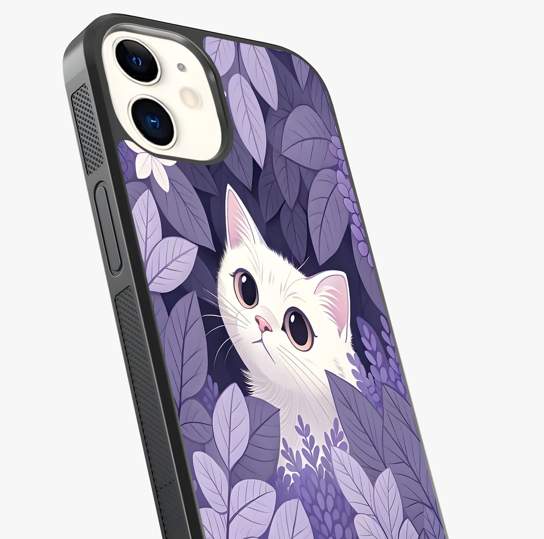 Lilac Hide Peek Cat Glass Case captured at a warm angle highlighting gloss, texture and premium glass finish.