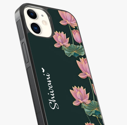 Lotus Bloom Serenity Custom Name Glass Case captured at a warm angle highlighting gloss, texture and premium glass finish.