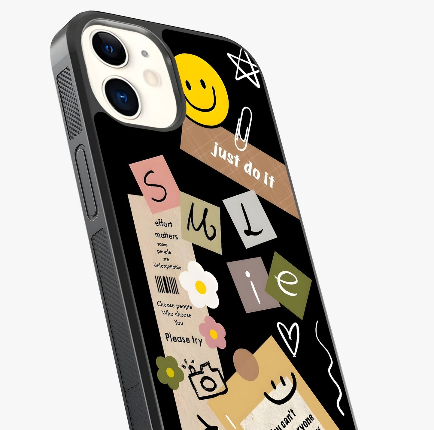 Lucky Aesthetic Collage Glass Case captured at a warm angle highlighting gloss, texture and premium glass finish.
