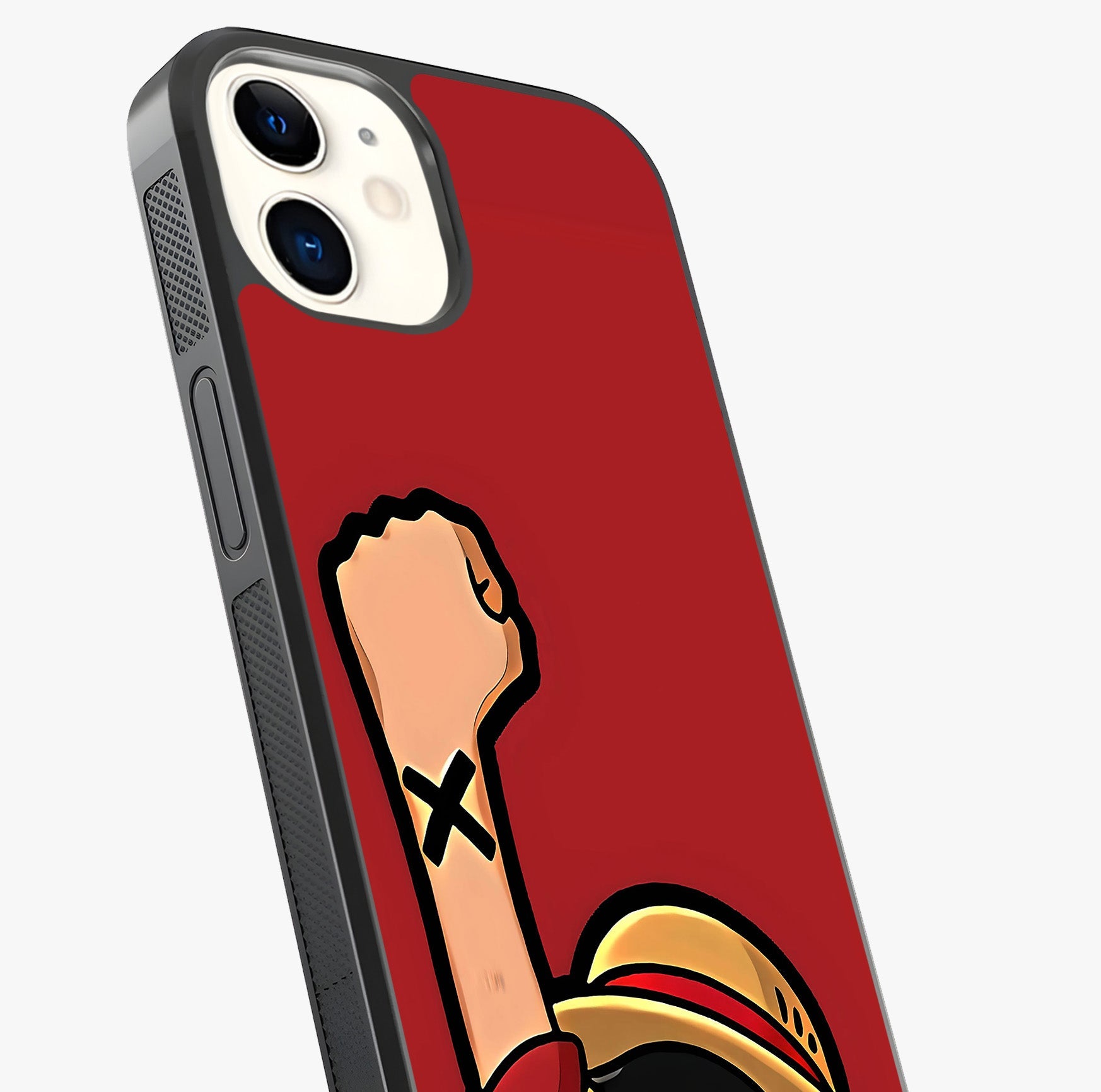 Luffy X Spirit Glass Case captured at a warm angle highlighting gloss, texture and premium glass finish.