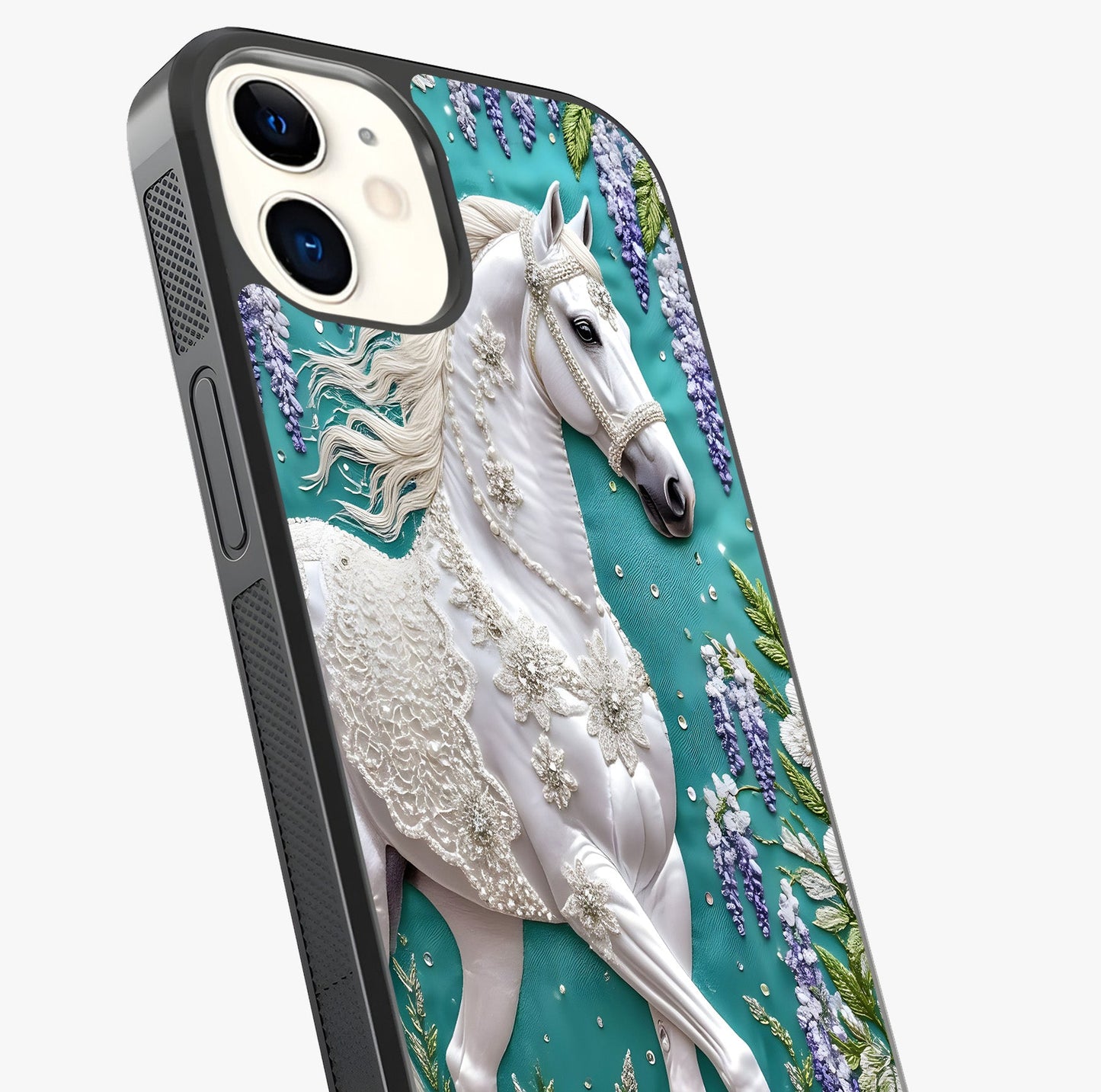 Majestic Floral Stallion Glass Case captured at a warm angle highlighting gloss, texture and premium glass finish.
