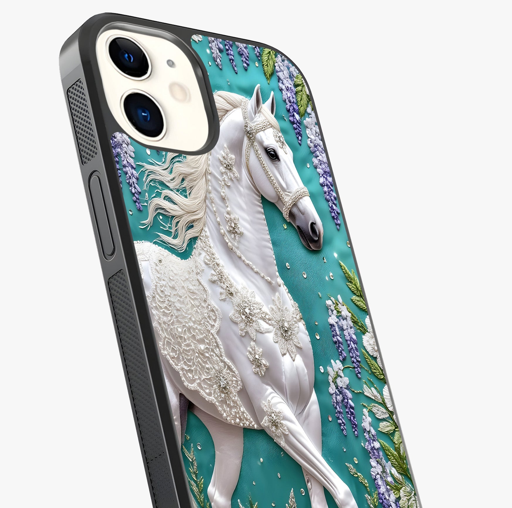 Majestic Floral Stallion Glass Case captured at a warm angle highlighting gloss, texture and premium glass finish.