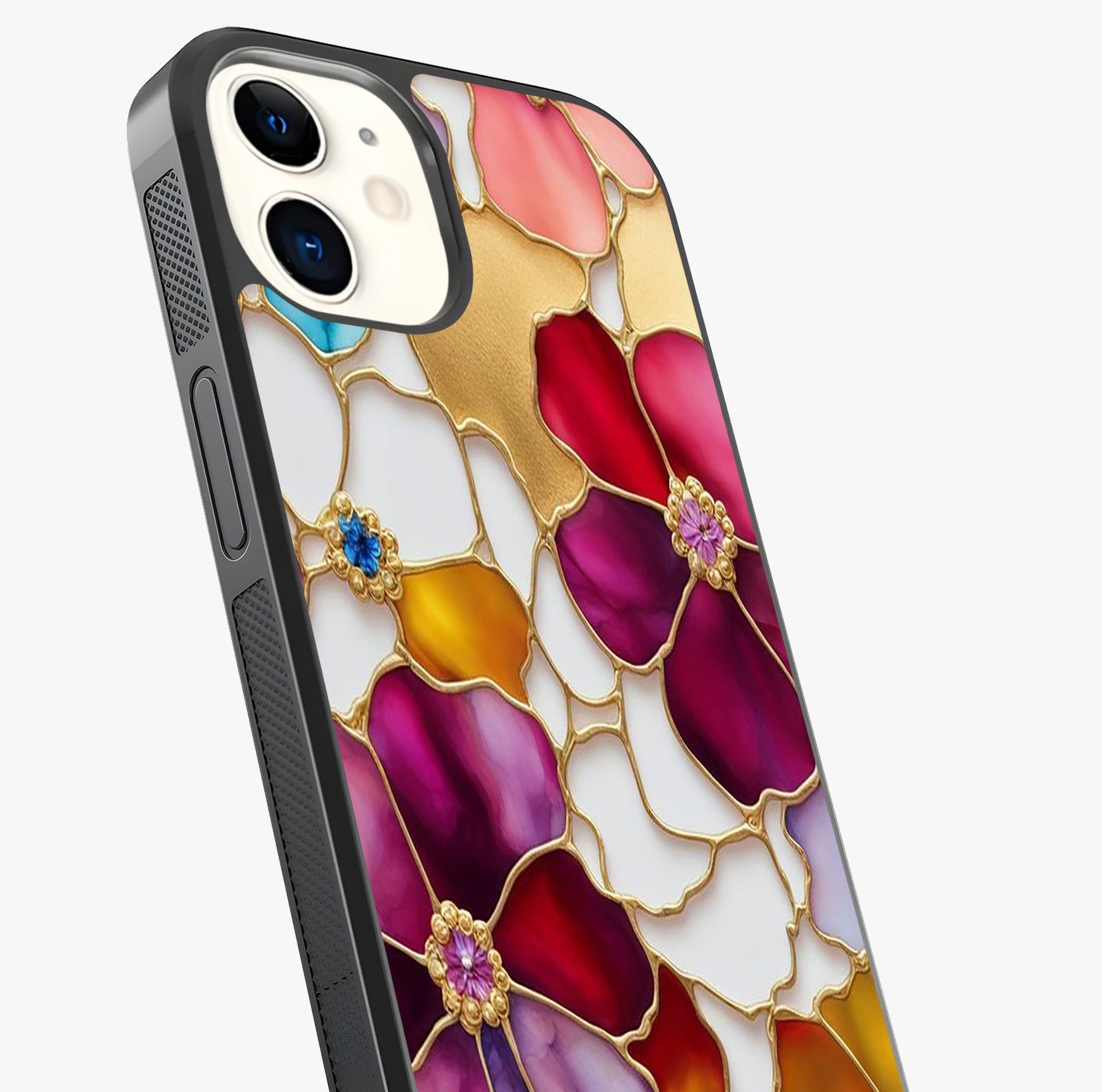 Marble Flower Pattern Glass Case captured at a warm angle highlighting gloss, texture and premium glass finish.