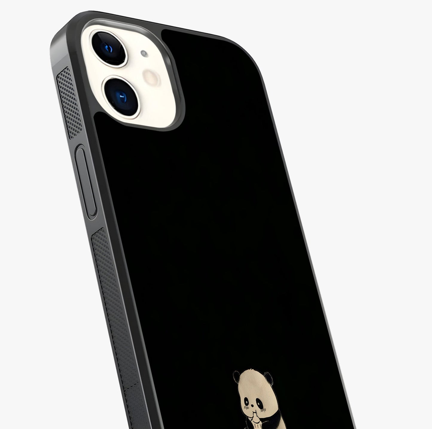 Midnight Panda Love Glass Case captured at a warm angle highlighting gloss, texture and premium glass finish.