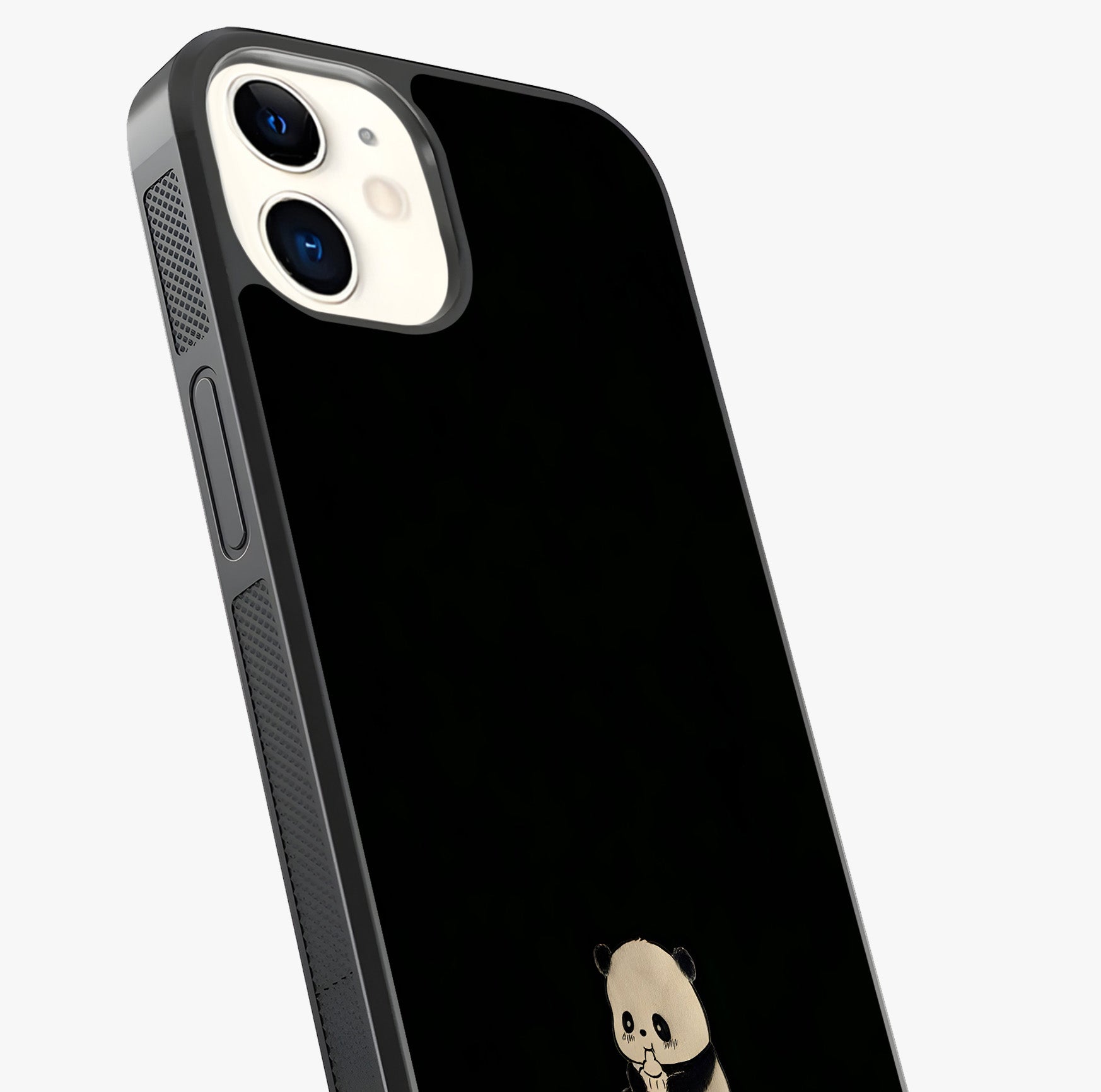 Midnight Panda Love Glass Case captured at a warm angle highlighting gloss, texture and premium glass finish.