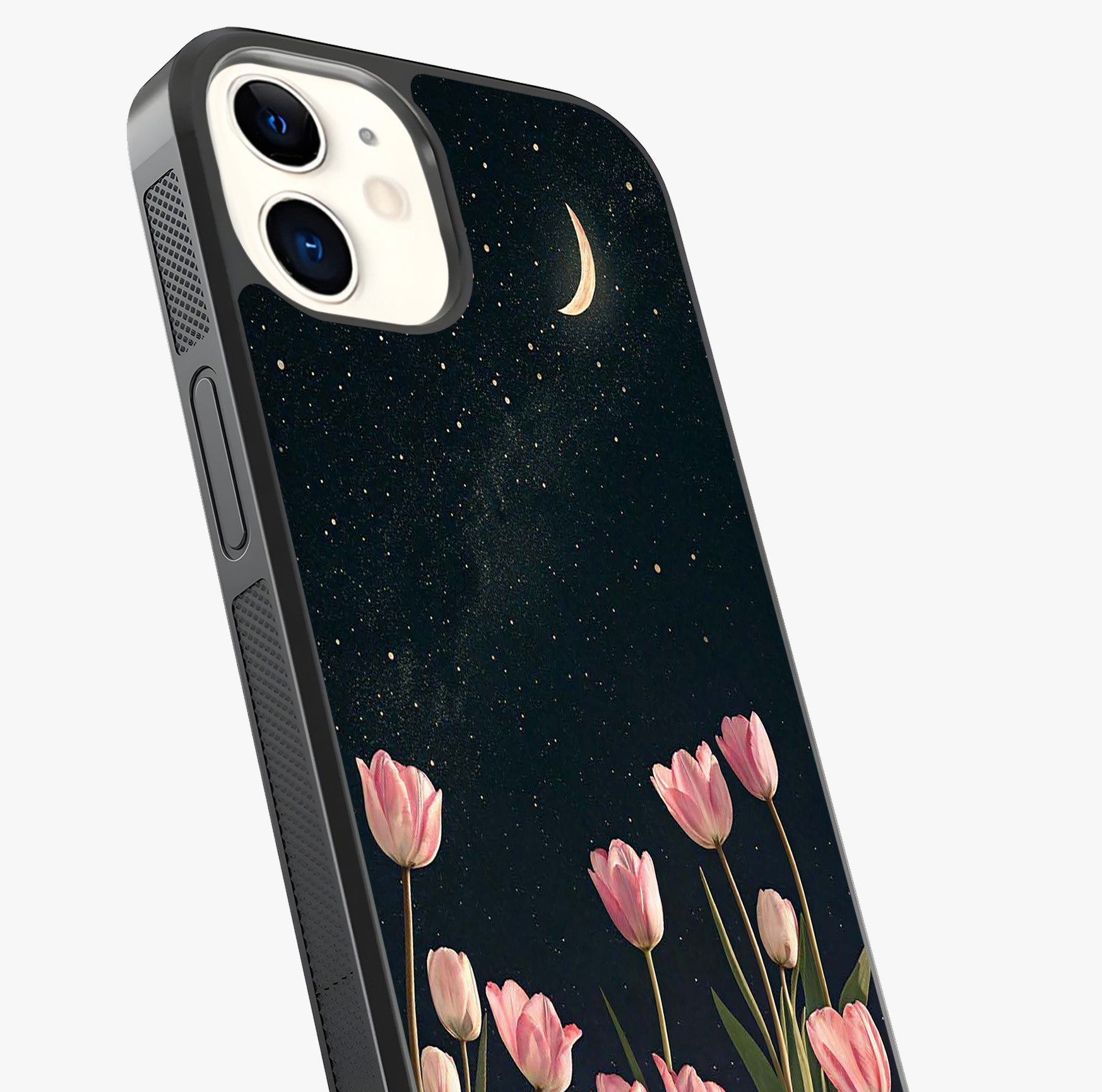 Midnight Tulip Whispers Vibe Glass Case captured at a warm angle highlighting gloss, texture and premium glass finish.