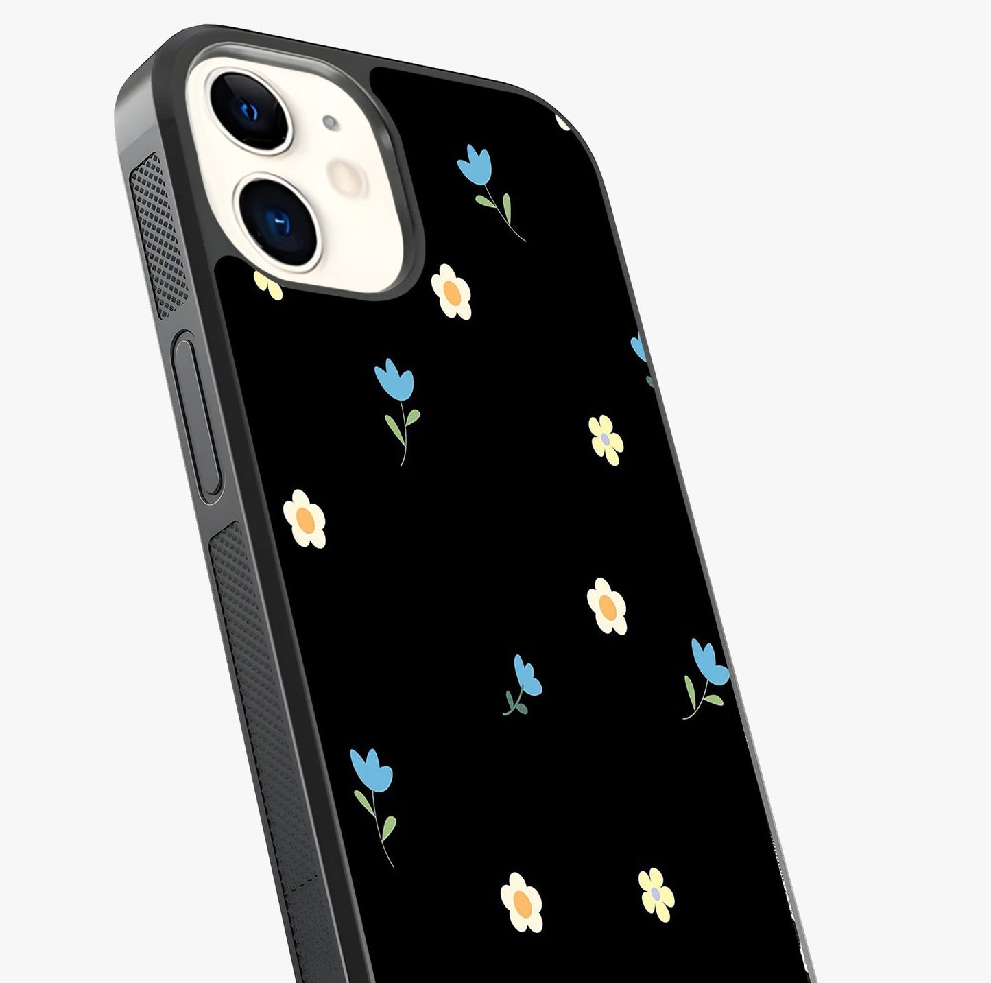 Minimalistic Blue With White Flower Pattern Glass Case captured at a warm angle highlighting gloss, texture and premium glass finish.