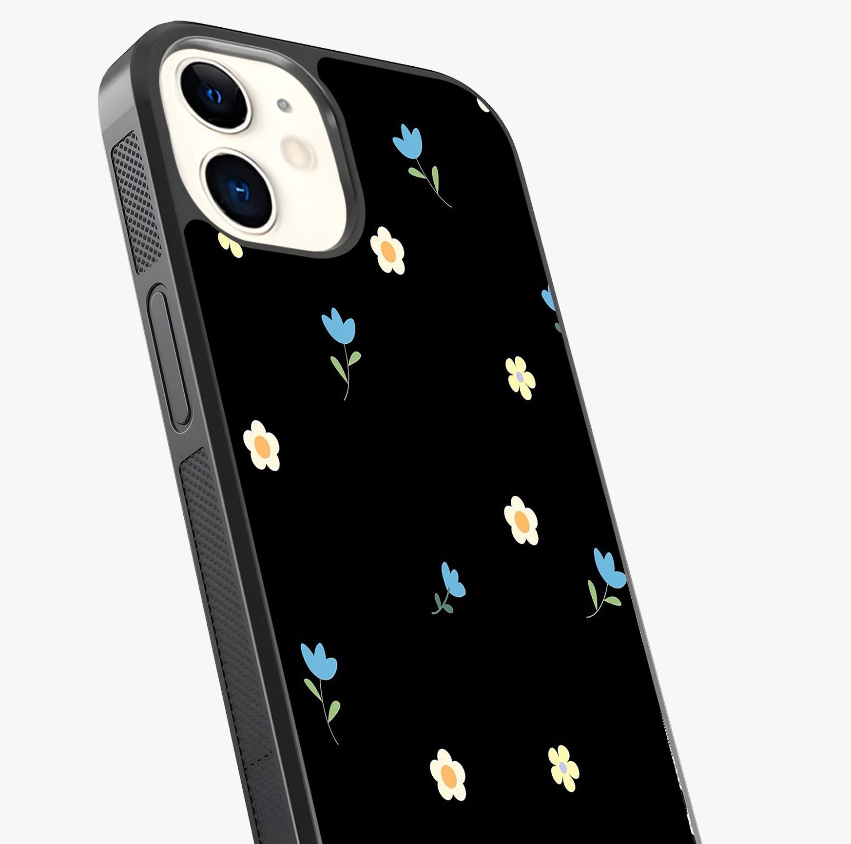 Minimalistic Blue With White Flower Pattern Glass Case captured at a warm angle highlighting gloss, texture and premium glass finish.