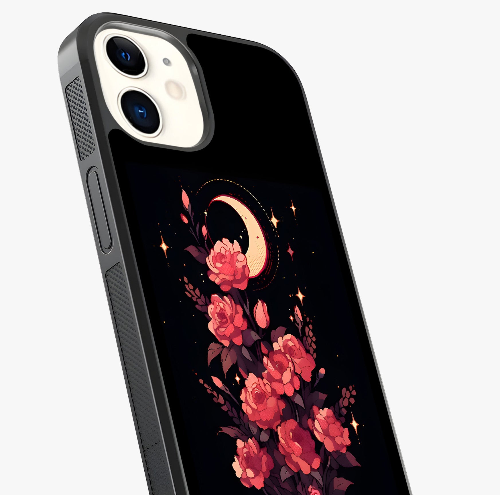 Moonlit Floral Elegance Glass Case captured at a warm angle highlighting gloss, texture and premium glass finish.