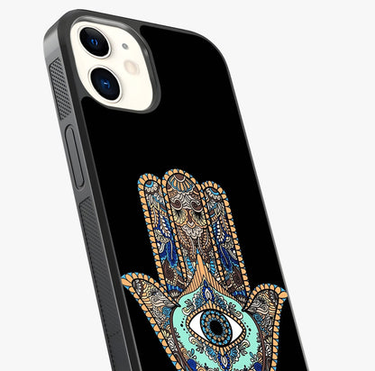 Mystic Hamsa Eye Glass Case captured at a warm angle highlighting gloss, texture and premium glass finish.