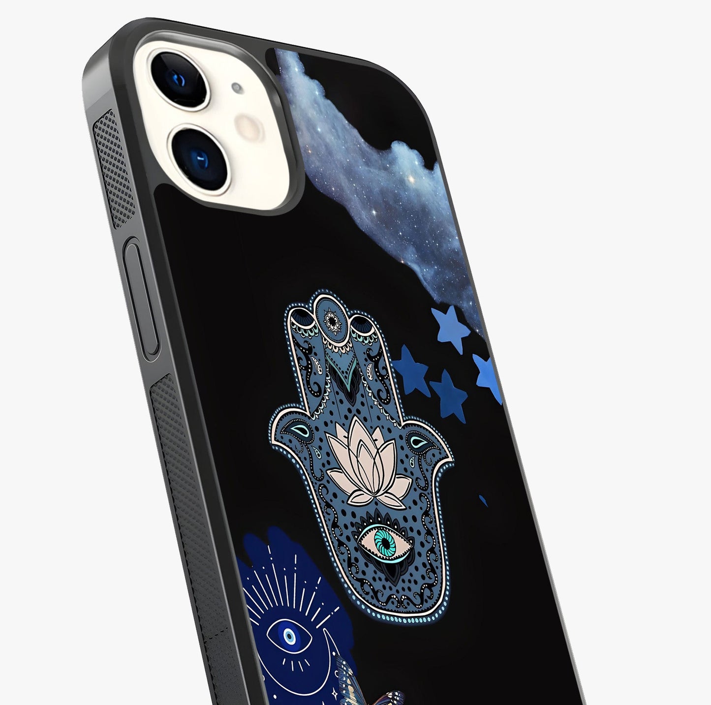 Mystic Hand Aura Glass Case captured at a warm angle highlighting gloss, texture and premium glass finish.