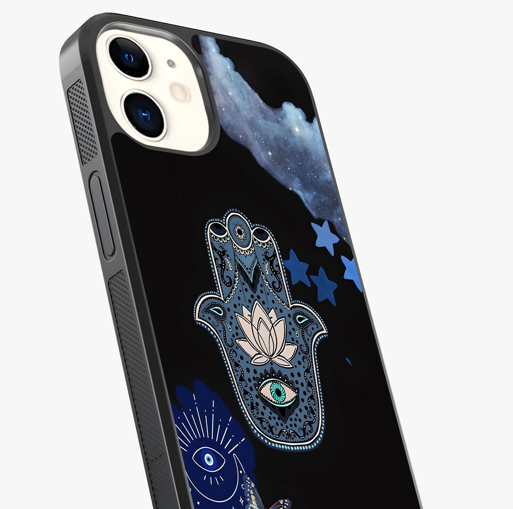 Mystic Hand Aura Glass Case captured at a warm angle highlighting gloss, texture and premium glass finish.