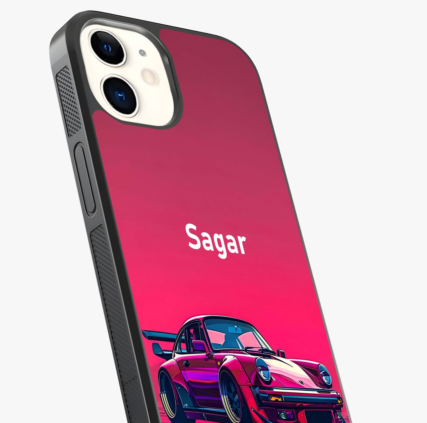Neon Pink Porsche Glass Case captured at a warm angle highlighting gloss, texture and premium glass finish.
