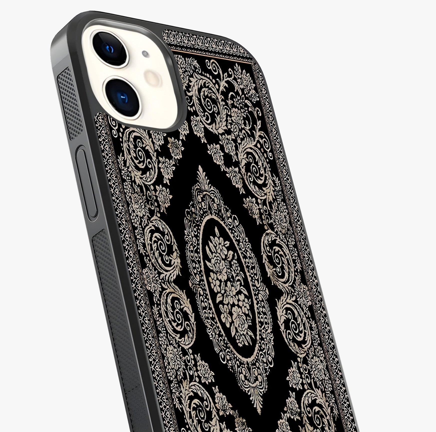 Noir Bloom Elegance Glass Case captured at a warm angle highlighting gloss, texture and premium glass finish.