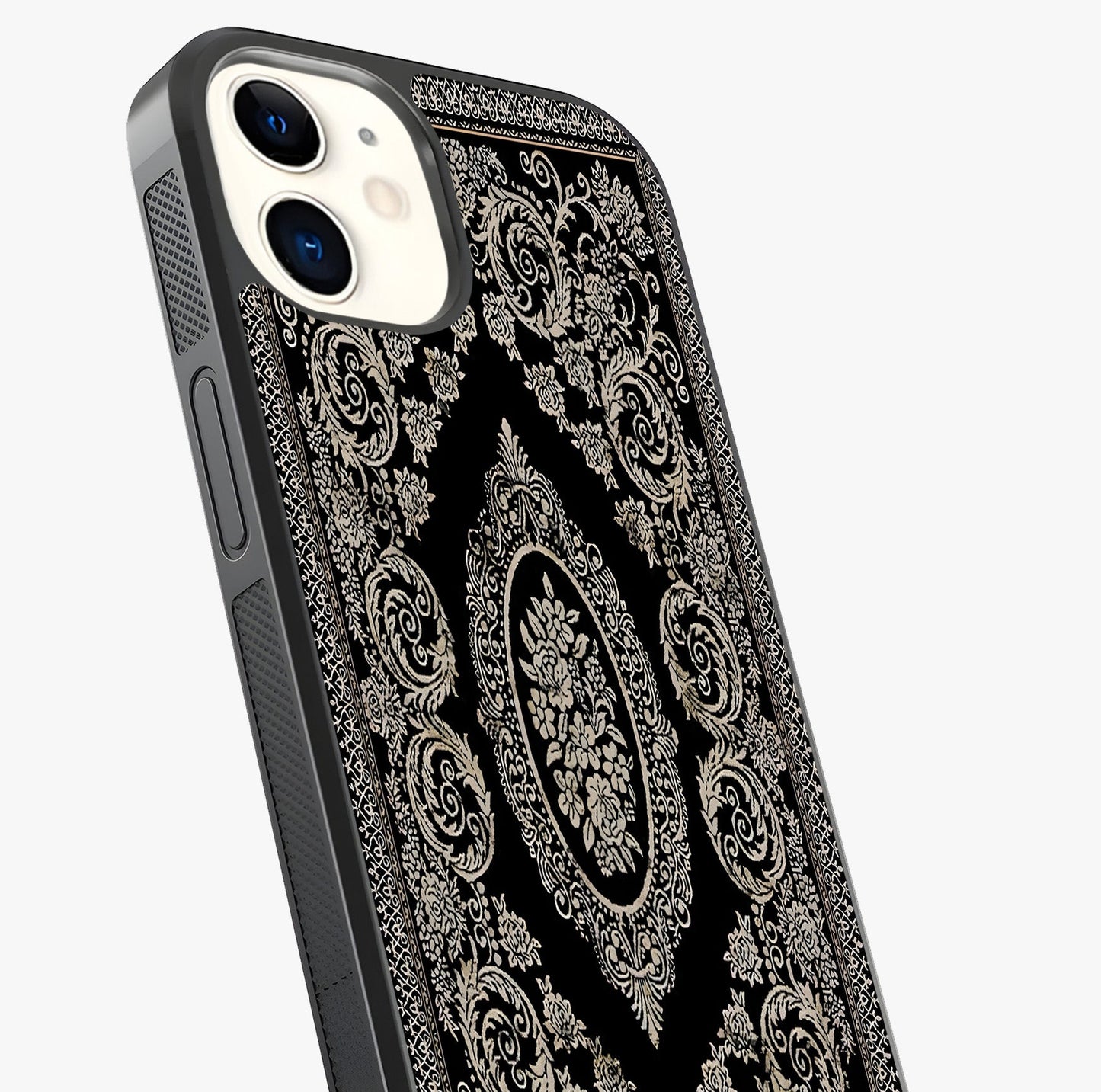 Noir Bloom Elegance Glass Case captured at a warm angle highlighting gloss, texture and premium glass finish.