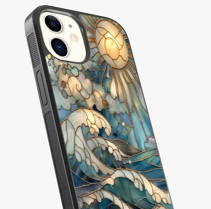 Oceanic Stained Printed Glass Case captured at a warm angle highlighting gloss, texture and premium glass finish.