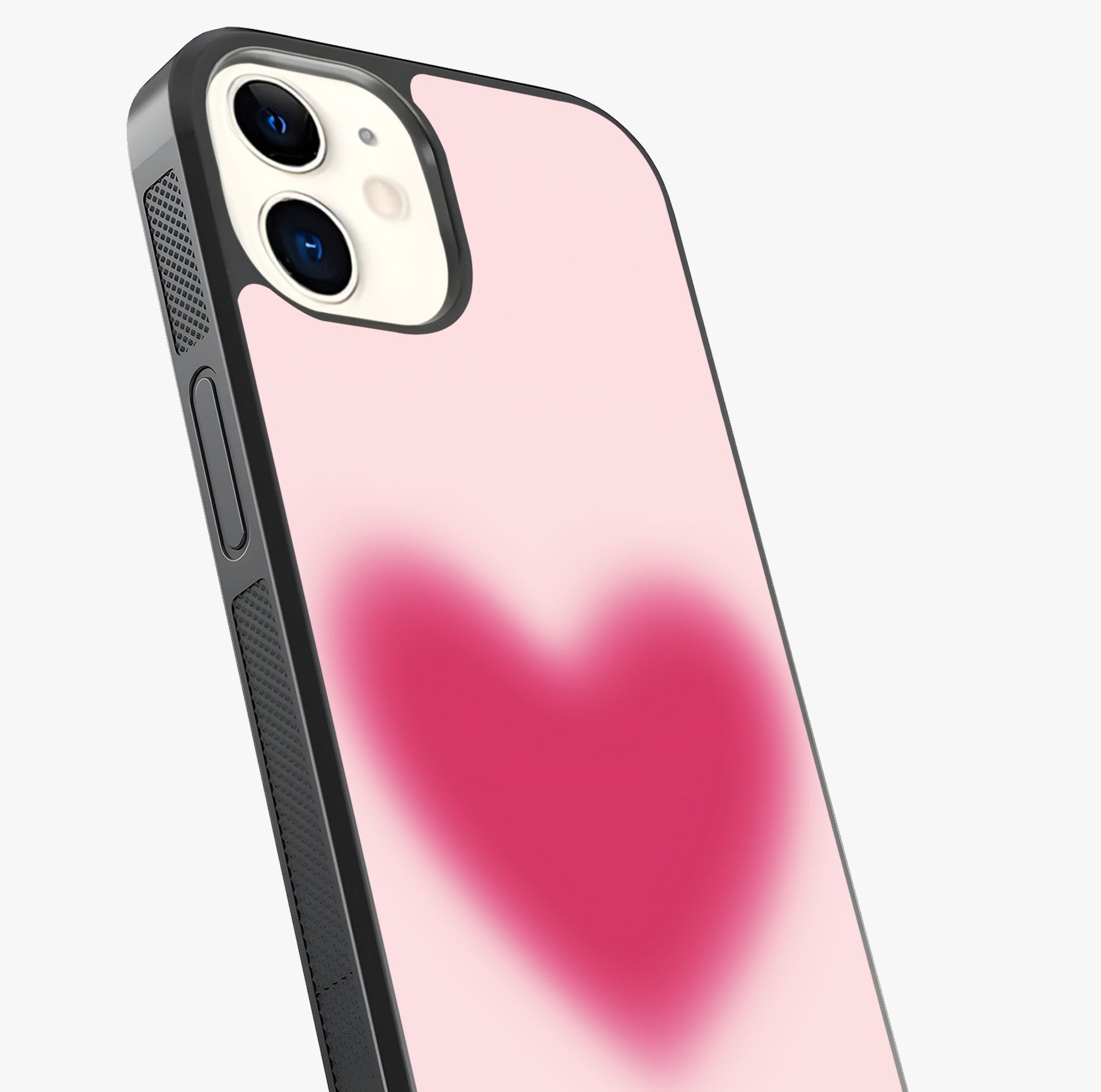 Pink Aura Heart Glass Case captured at a warm angle highlighting gloss, texture and premium glass finish.