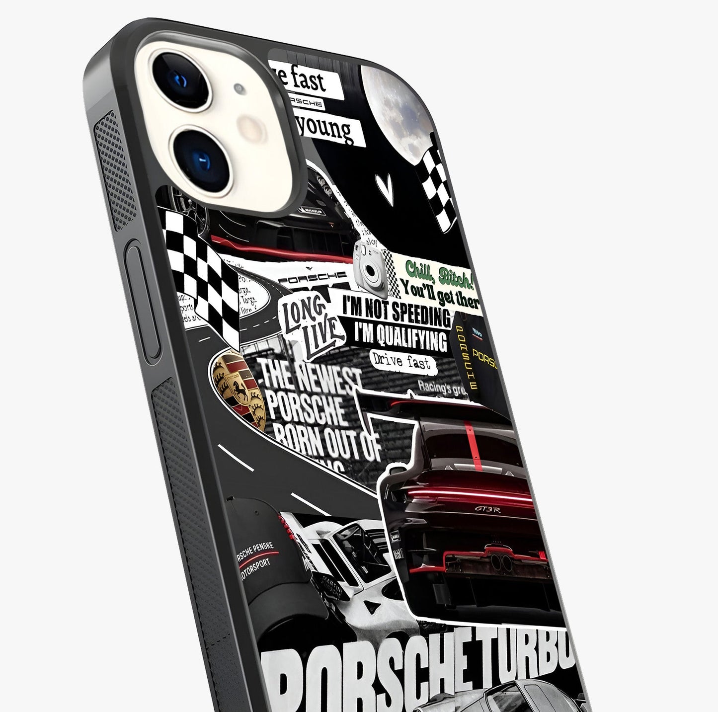 Porsche Racing Collage Glass Case captured at a warm angle highlighting gloss, texture and premium glass finish.
