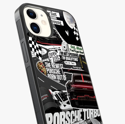 Porsche Racing Collage Glass Case captured at a warm angle highlighting gloss, texture and premium glass finish.