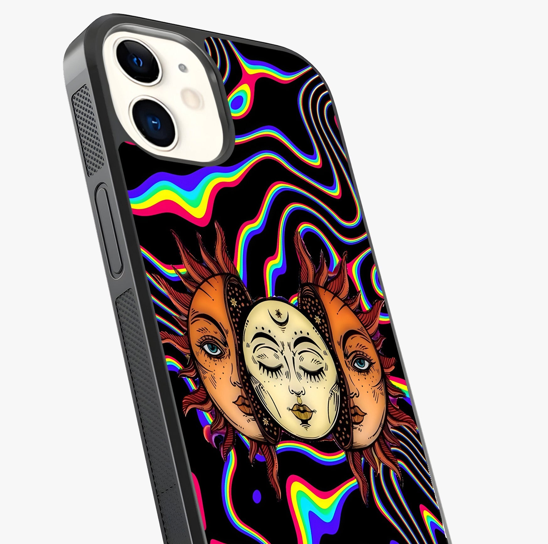 Psychedelic Sun Glass Case captured at a warm angle highlighting gloss, texture and premium glass finish.