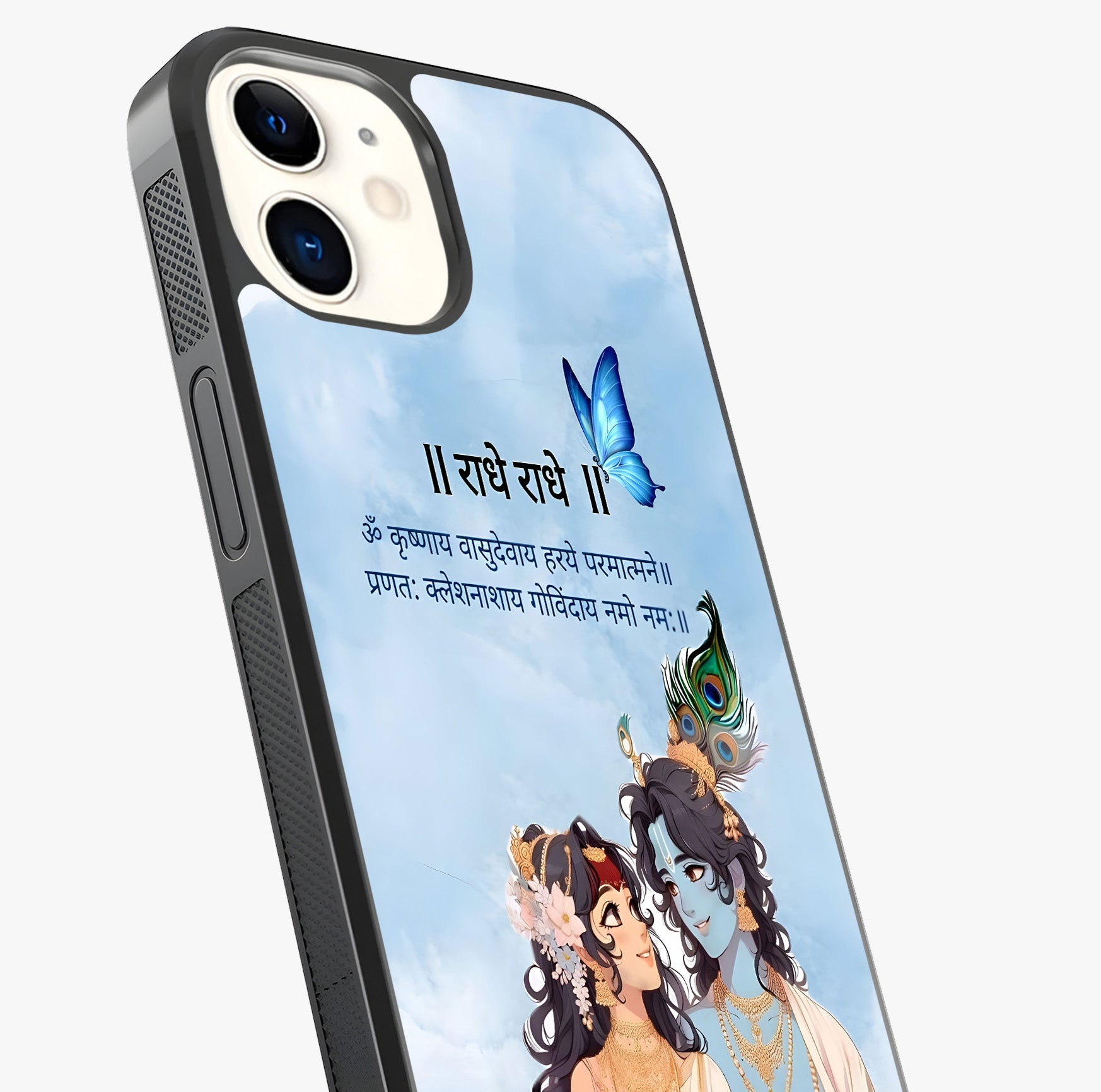 Radha Krishna Eternal Glass Case captured at a warm angle highlighting gloss, texture and premium glass finish.