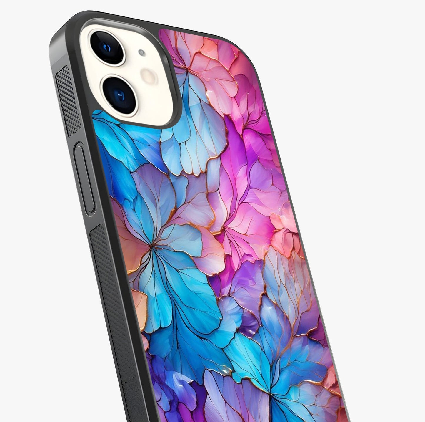 Radiant Floral Whirl Glass Case captured at a warm angle highlighting gloss, texture and premium glass finish.