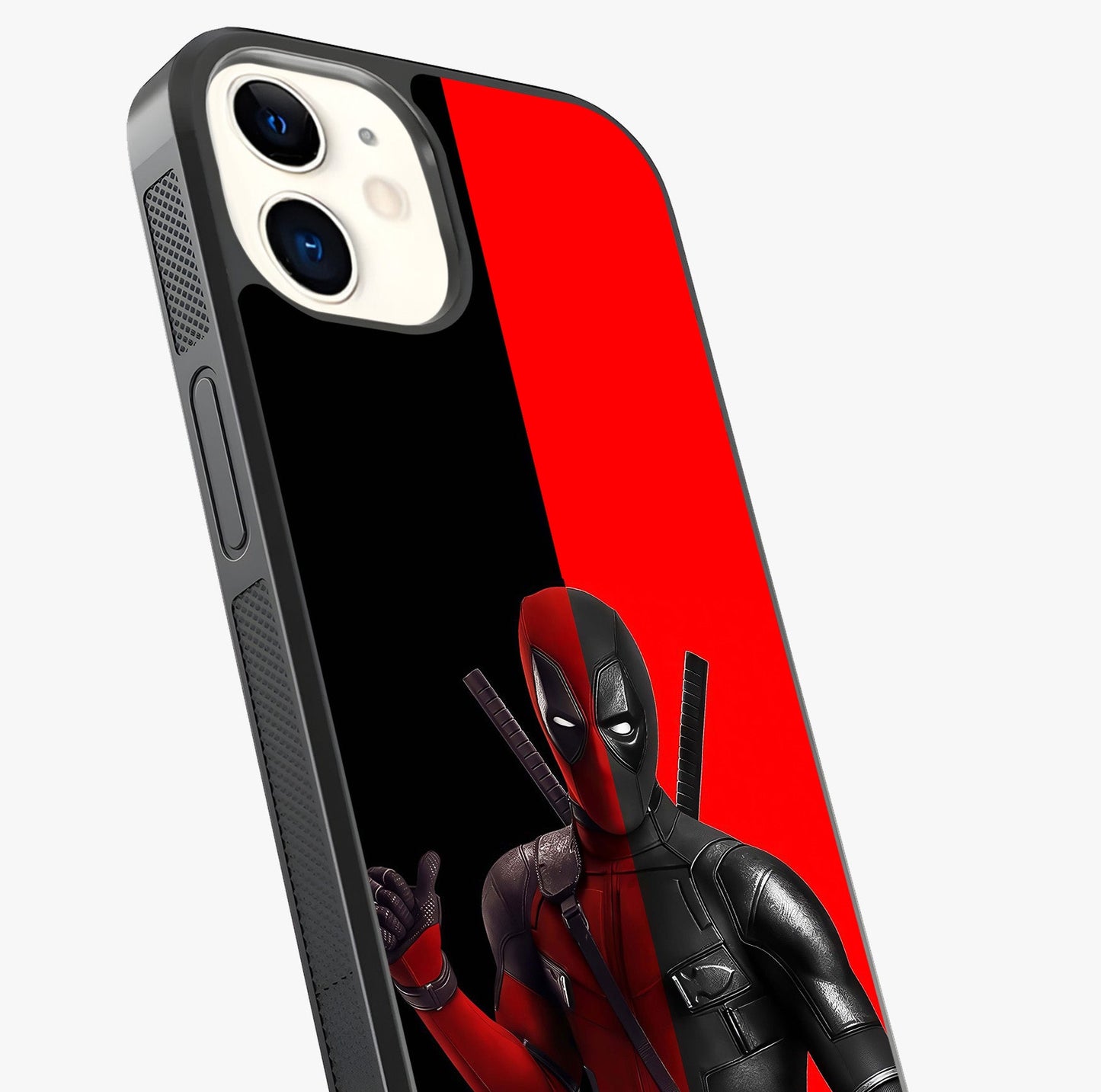 Red & Black Deadpool Theme Glass Case captured at a warm angle highlighting gloss, texture and premium glass finish.