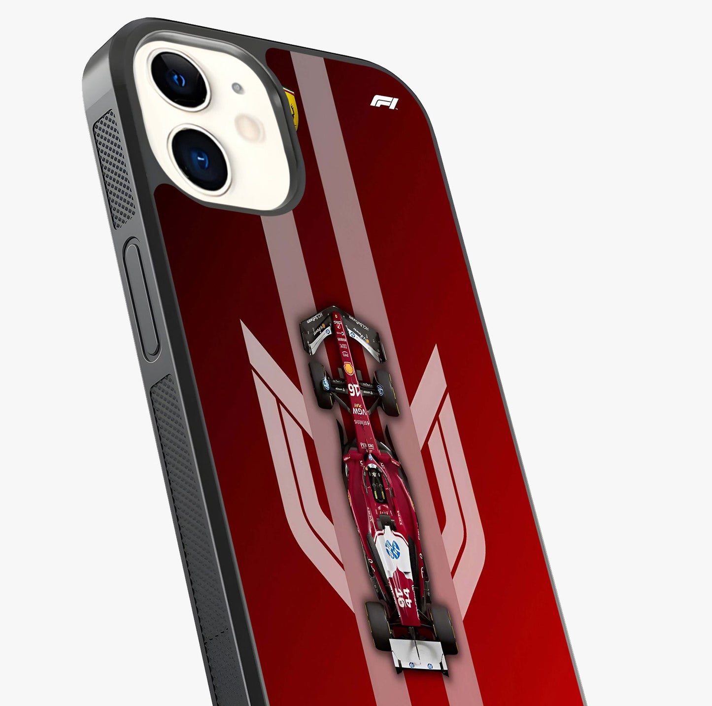 Red Ferrari F1 Vertical Glass Case captured at a warm angle highlighting gloss, texture and premium glass finish.