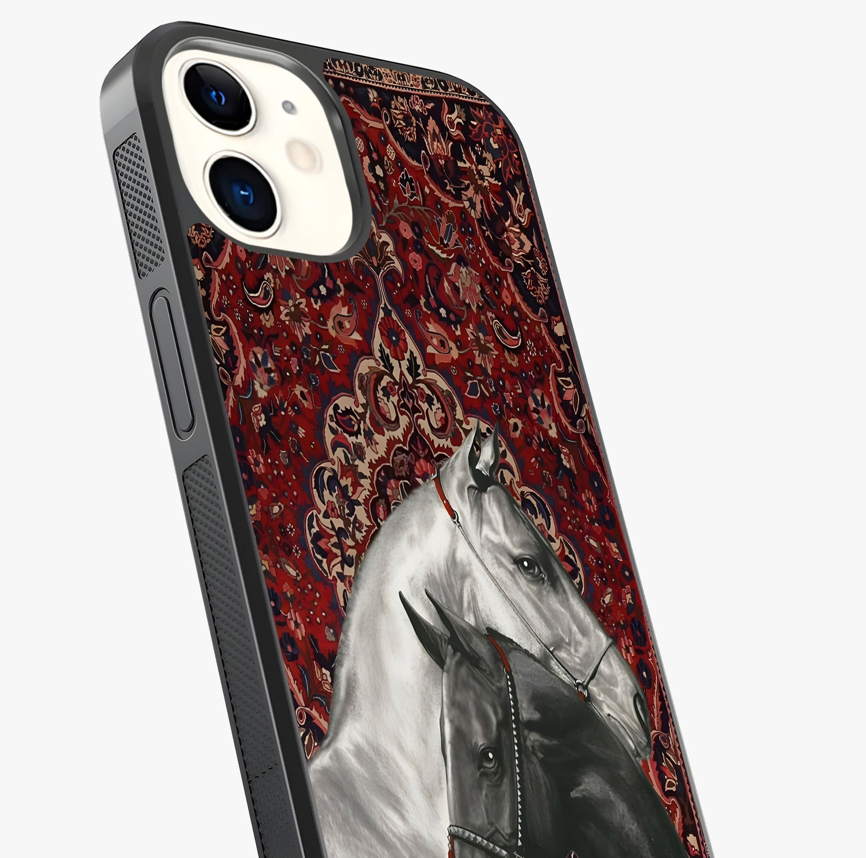 Regal Stallion Tapestry Glass Case captured at a warm angle highlighting gloss, texture and premium glass finish.